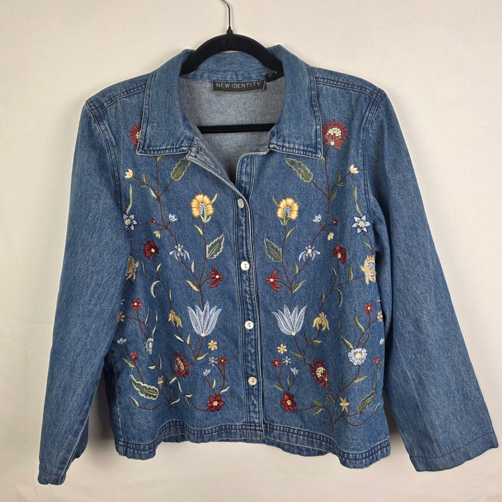 New Identity Womens Floral Embroidered Denim Jacket Blue Cotton Large 391-258